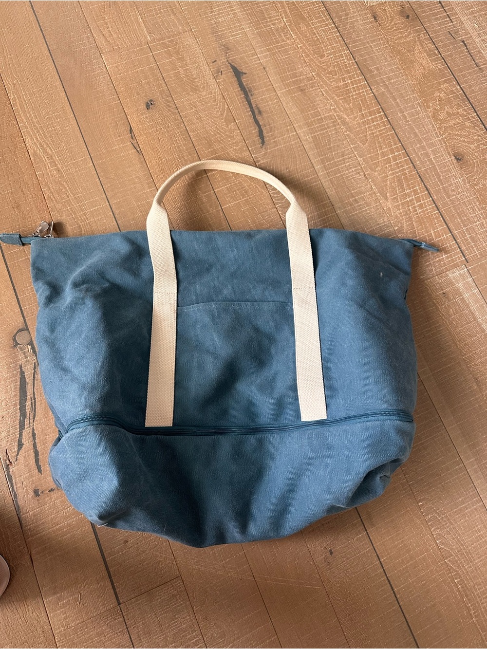 Lo & Sons Canvas Duffel Tote in Blue with Cream Handles